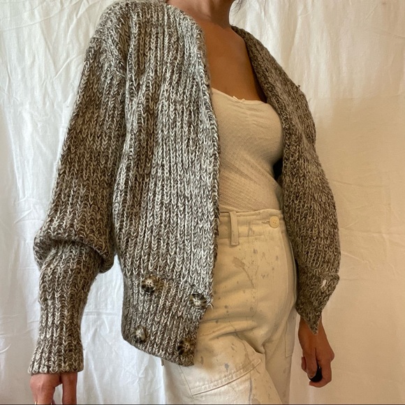 Vintage 80s P.G.E. Wool Blend Chunky Knit Puff Sleeve Batwing Cardigan - Picture 10 of 10